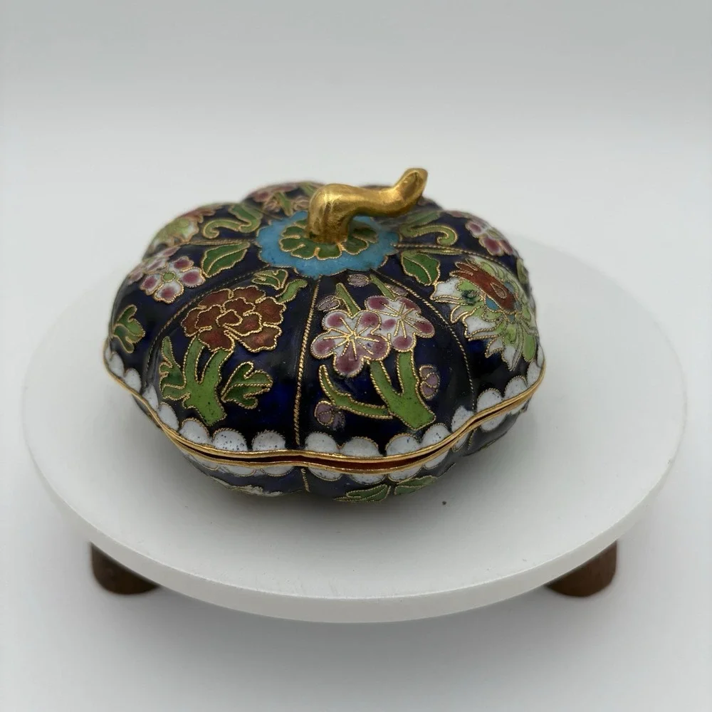 VTG Cloisonne Lidded Pumpkin Shaped Trinket Box China Blue Enamel‎ 3 1/2